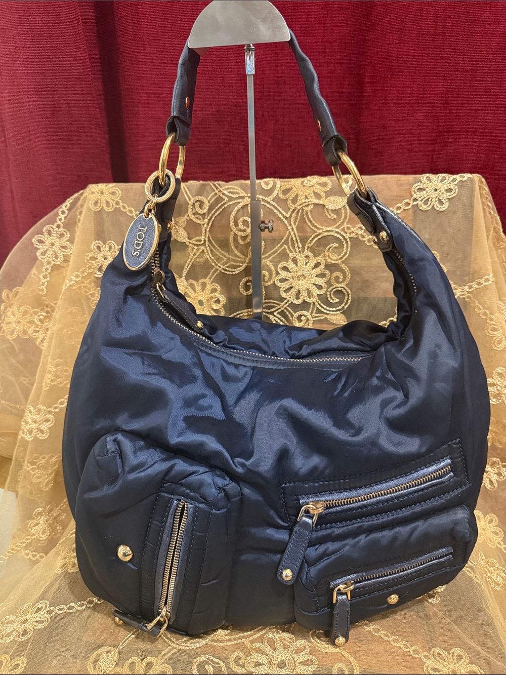 Tod's Navy Quilted Nylon Shoulder Hobo with Gold Hardware